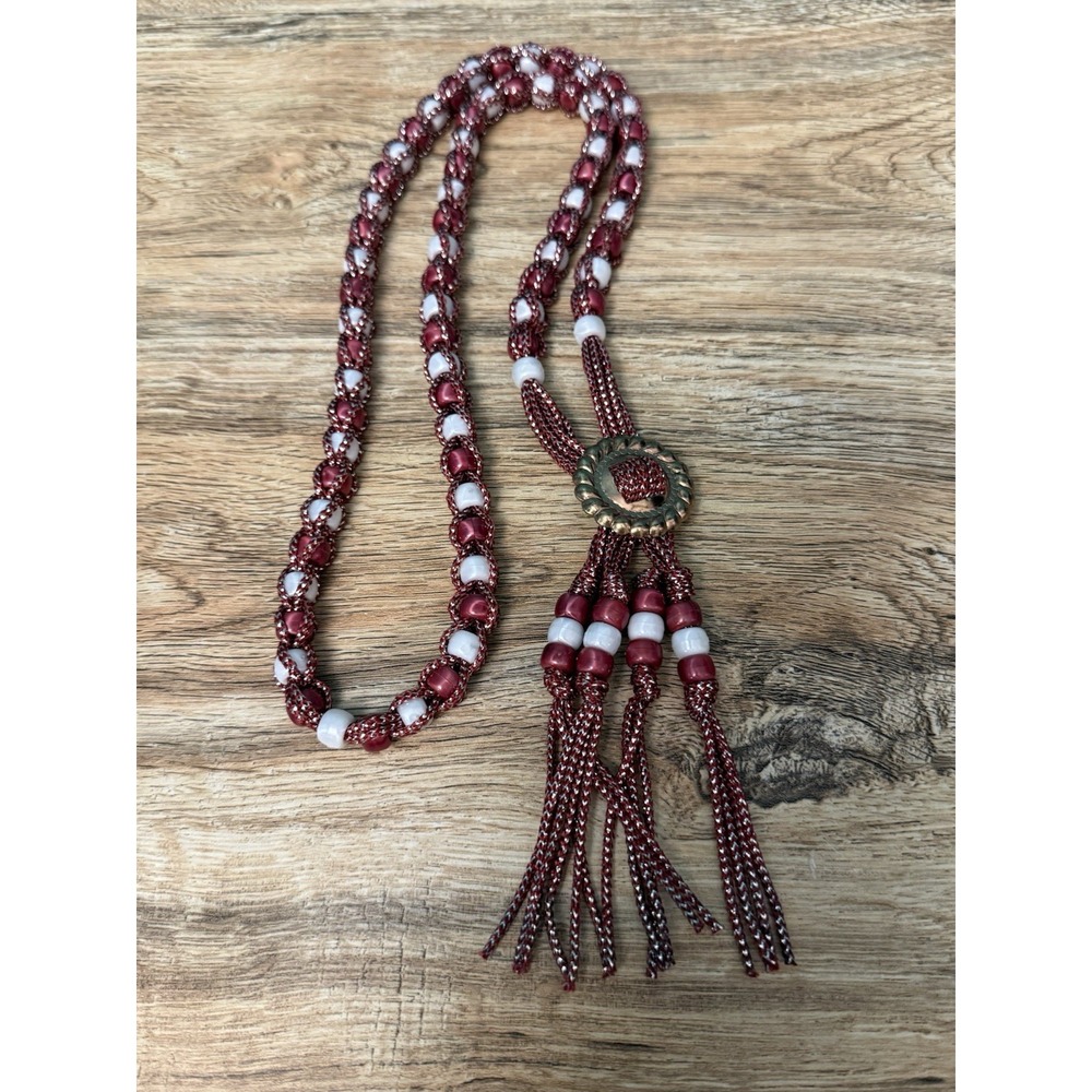 Handmade Beaded Bolo Tie Necklace Sparkly Red Wht Plastic Beads Cowgirl Costume - Picture 2 of 7